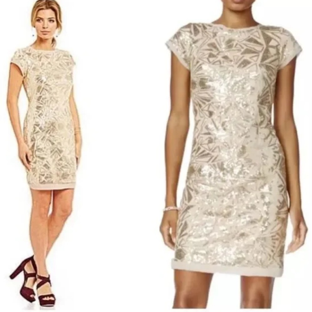Vince Camuto Gold Sequin Shift Dress Champagne - Picture 2 of 7
